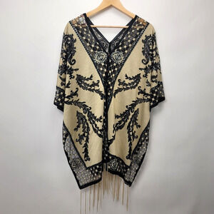 Kimono Top Womens One Size Cream Black Sheer Fringe‎ Boho Hippie Western Artsy